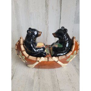 Ceramic black bears fishing couple canoe boat